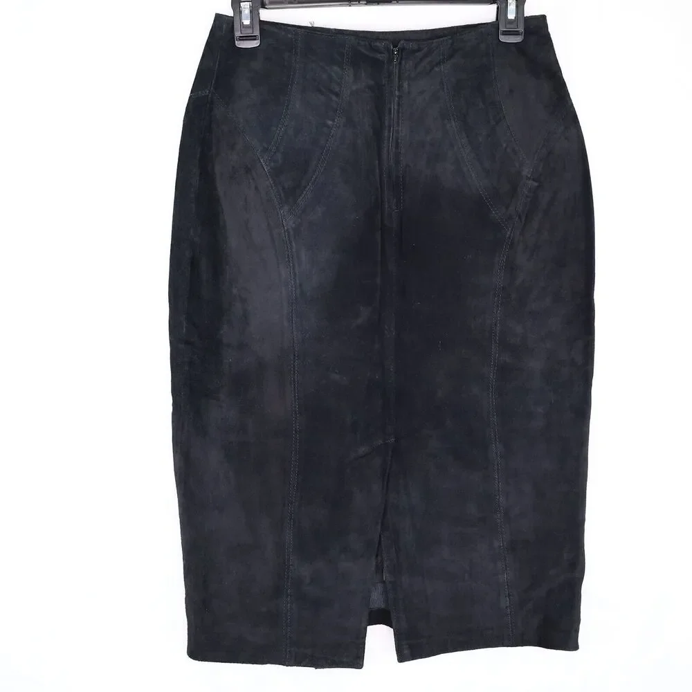 La Nauvelle Renaissance Skirt Womens 6 8 Black Suede Leather Lined Pencil Vtg
